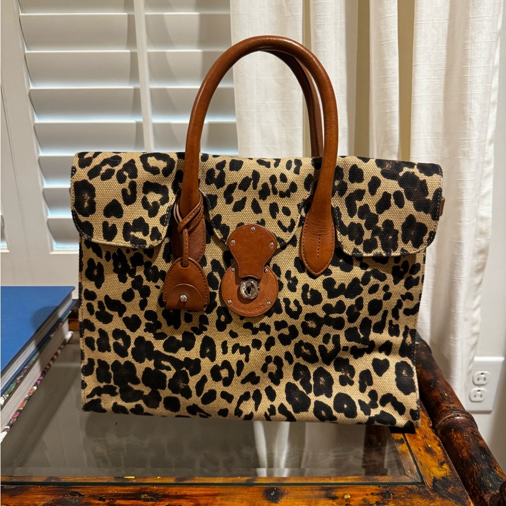 Ralph Lauren Leopard Print Canvas Tote Bag with Brown Accents